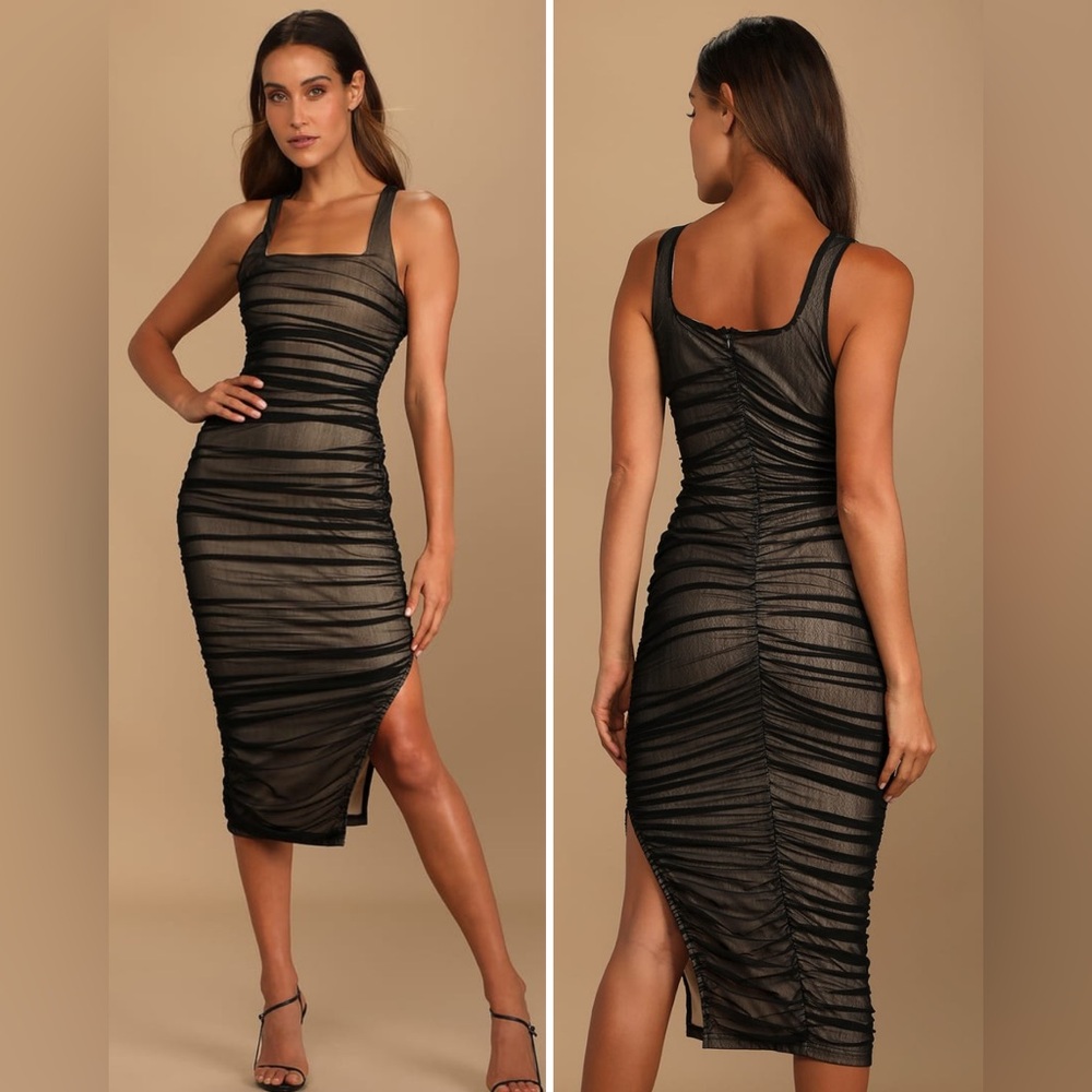 Black and Beige Mesh Ruched Bodycon Midi Dress